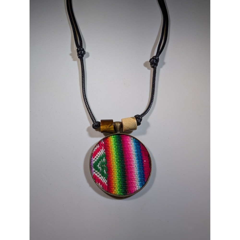 Handmade Rainbow Fabric Pendant‎ Necklace Adjustable Cord Boho Ethnic Style